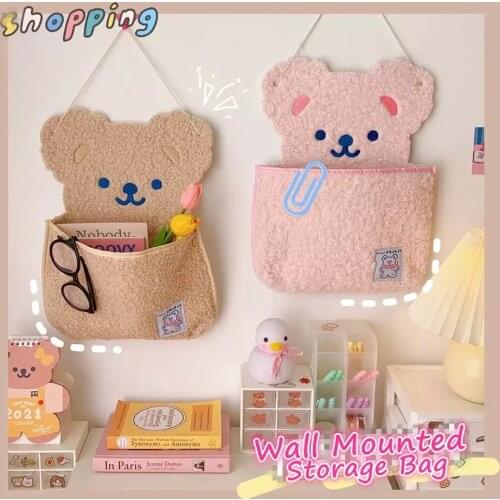 Cute Bear Wall Mounted Storage Bag Desktop Organizer Notebook Pens Dormitory Clutter Sorting School Office Stationery Supplies
