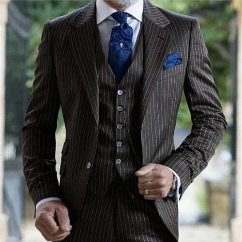 Dark Grey Stripe Mens Suits 3 Pieces Suit Terno Slim Fit Formal Office Wedding Groom Tuxedo Tailcoat For Male Fashion Cloth 2021