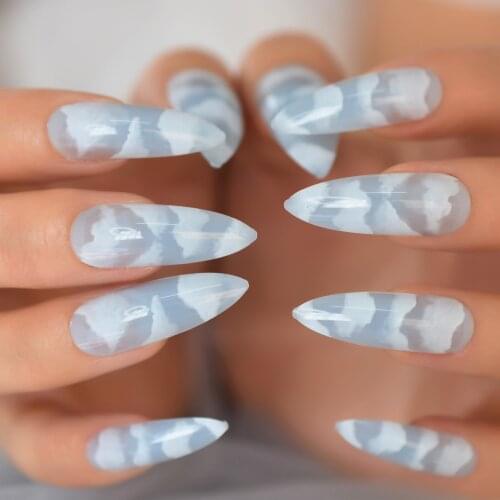 Sharp Pointed Fake Nail Tips With Designs Long Stiletto Sky White Clouds Nails French Set Manicure Nail Art