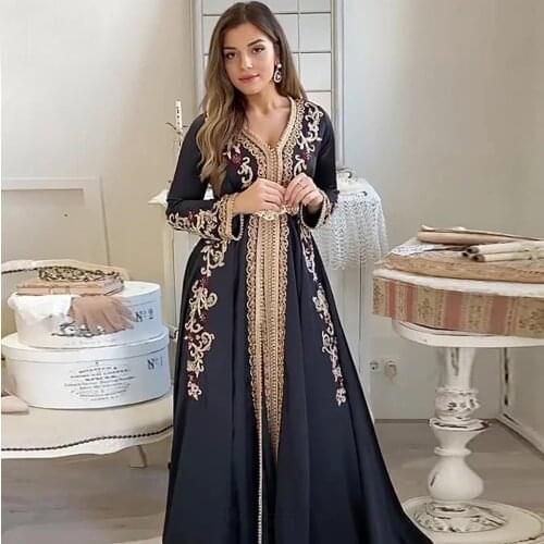 Luxury Moroccan Caftan Long Sleeve Muslim Evening Dresses Gold Embroidery Flowers Dubai Formal Party Gowns Robe De Soiree