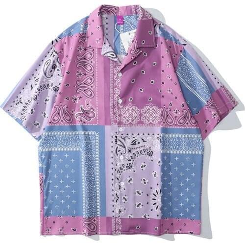 Japanese Harajuku Purple Color Block Button Up Bandana Shirt for Men Oversized Mens Streetwear Hip Hop Short Sleeve Shirts