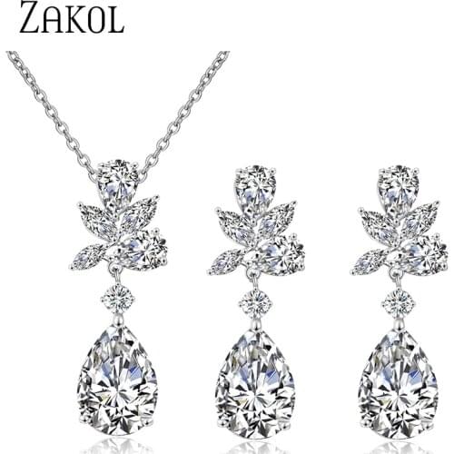 ZAKOL 4 Colors Water Drop Cubic Zirconia Charm Dangle Earrings Necklace Sets for Women Bridal Wedding Party Jewelry SP3190