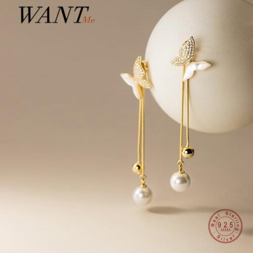 WANTME Genuine 925 Sterling Silver Lovely Romantic Butterfly Tassel Pearl Stud Earrings for Women Charming Chic Wedding jewelry