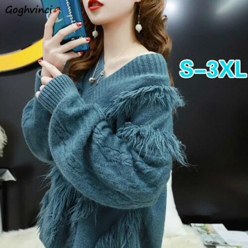 Women Pullover Plus Size 3XL Solid Elegant Tassel V-neck Knitted Sweater Female All-match Fashion Loose Retro Korean Style Warm