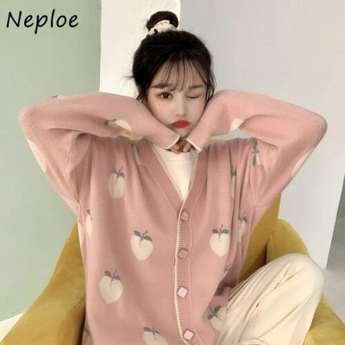 Neploe Peach Pattern Loose Sweet Knit Sweater V Neck Long Sleeve Single-breasted Cardigans Casual Fashion Pull Femme Coat