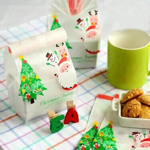 50pcs Stand Up Christmas Gift Bags Tree Santa Claus Cellophane Treat Bag Cookies Biscuit Plastic Bag Christmas Party Favor Bags