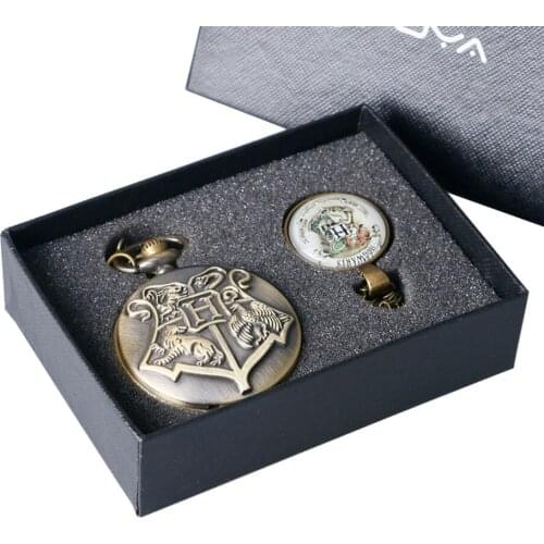 Antique Big "H" shape Witchcraft and Wizardry Badge Quartz Male Pocket Watch Necklace Chain Mens Watches Christmas Gifts Set