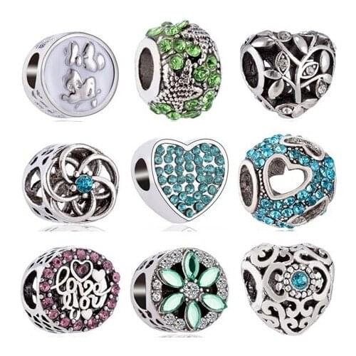 Btuamb New Arrival European Crystal Hollow Heart Star Tree Cherry Bow Charms Beads Fit Pandora Bracelets for Women DIY Jewelry