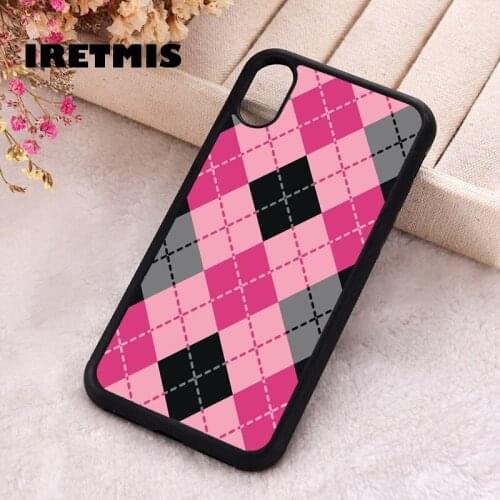 Iretmis 5 5S SE 2020 Phone Cover Case for iPhone 6 6S 7 8 Plus X Xs XR 11 12 Mini Pro Max Silicone Pink And Black Dashed Argyle
