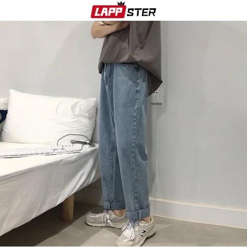 LAPPSTER Men Korean Fashions Jeans Harem Pants 2020 Summer Streetwaer Hip Hop Loose Denim Jeans Mens Straight Blue Trousers 2XL