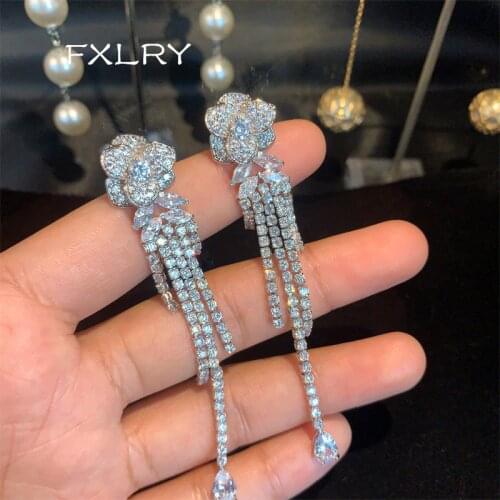 FXLRY Romantic Rose Flower Zircon Wedding Drop Earring With White Color Micro Inlay Zircon Cut Clear Crystal Tassel Earrings