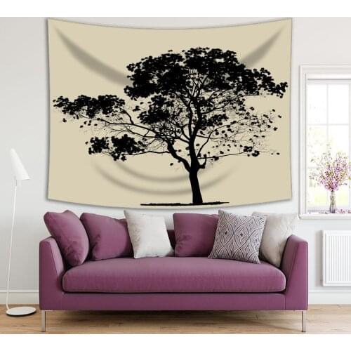 Tapestry Tree Foliage Branches Silhouette Autumn Countryside Wilderness Nature Black and Beige Photo Printed