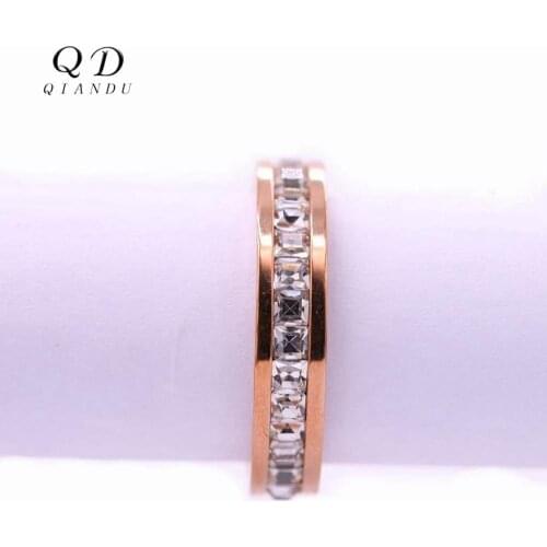 Qian Du lady finger ring stainless steel rose gold with transparent crystal 3MM width ring fashion ring jewelry