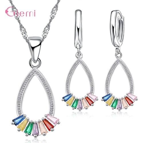 Rainbow Color Crystal Genuine 925 Sterling Silver Bridal Jewelry Set Necklace/Earrings/ Wedding Accessories For Woman