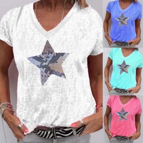 Fashion V-neck Short Sleeve Pentagram Print T Shirt Women 2020Summer Plus Size 5xl T-shirt Female