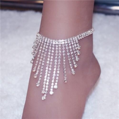 Wholesale Rhinestone Tassel Pendant Anklet Bracelets on Leg for Women Charm Sandals Anklet Chain Crystal Foot Jewelry Barefoot