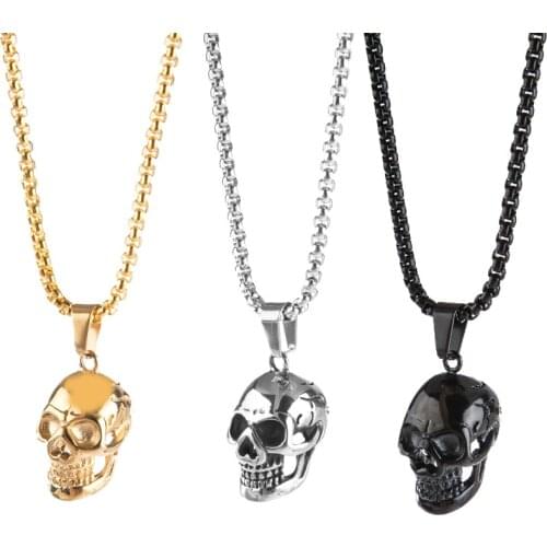 Punk Stainless Steel Three-dimensional Skull Pendant Necklace Men Hip Hop Rock Personality Long Mens Necklace Halloween Jewelry