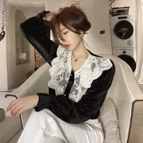 2021 new lace up hollow out patchwork shirt sweet peter pan collar loose oversize shirt lazy style casual fashion tops 2021 new