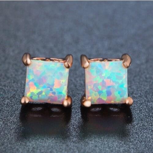 The new Rose Gold Square Earrings with white opal earrings are suitable for women attending engagement parties