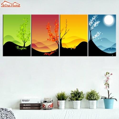 ShineHome-4pcs Wall Art Canvas Prints Chinese Style Four Seasons Modular Pictures Painting Printing for Company Living Room Deco