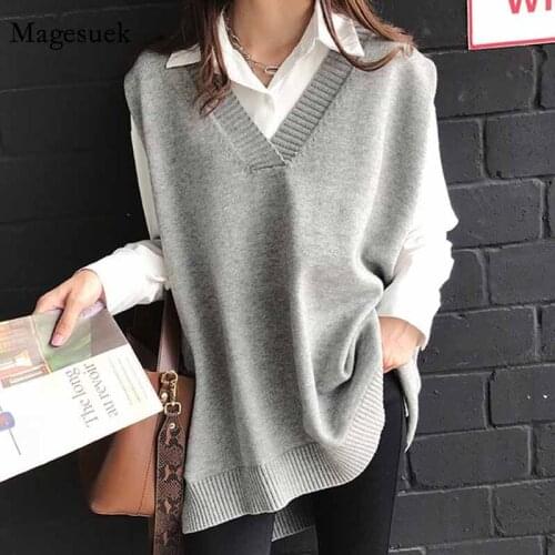 Sleeveless Casual Pollover V Neck Oversized Sweater Knit Loose 2020 Sweaters Autumn Winter Sweater Vest Women Pull Femme 12239