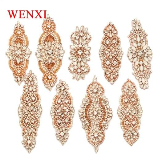 WENXI Craft (5 PCS) Wholesale ROSE GOLD Pearl Rhinestone Appliques Sewing On Wedding Dress Belt DIY Bridal Accessory