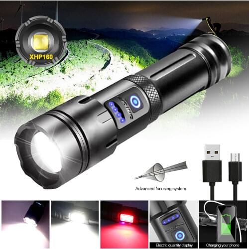 XHP160 COB LED Flashlight Red White Light Tactical Flash Light USB Rechargeable Led Lantern Zoom Hunting Strong Bright Work Lamp