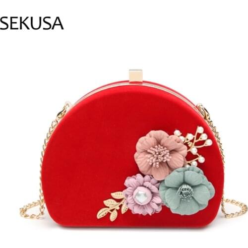 Half Moon Women Evening Bags Red Color Flower Cute Style Party Day Clutch With Leaf Golden Pearl Purse