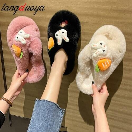 Rabbit Indoor Women Fur Slippers Fluffy Soft Furry Slides Thick Flats Heel Non Slip House Shoes Ladies Luxury Design Footwear