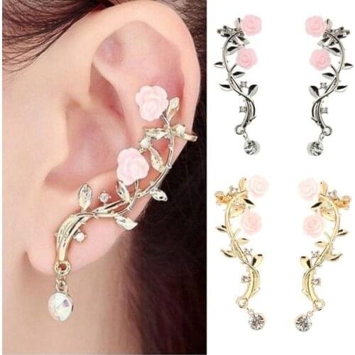 Rose Flower Ear Jackets Gold Or Branch Alloy Crystal Beautiful Earrings For Women