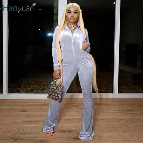 HAOYUAN Sexy Velvet Bodycon Jumpsuit Long Sleeve Zip Flare Pants Birthday Outfits for Women Fall Clothes One Piece Club Rompers