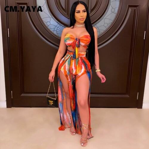 CM.YAYA Fashion Set Sleeveless Strapless Super-short Crop Print Elastic Waist Full Length Splited Loose Pants 2 Piece Set Summer