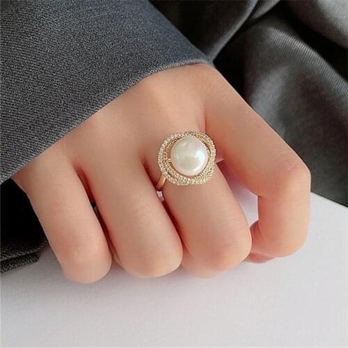 Elegant Round Shell Pearl Ring Zirconia Adjustable Rings For Women Luxury Jewelry Gifts For Birthday Wedding Party