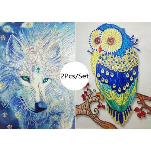 2Pcs/set 5D Special Shaped Diamond Painting Wolf Owl Animal DIY 5D Partial Drill Cross Stitch Kits Crystal Rhinestone Arts Decro
