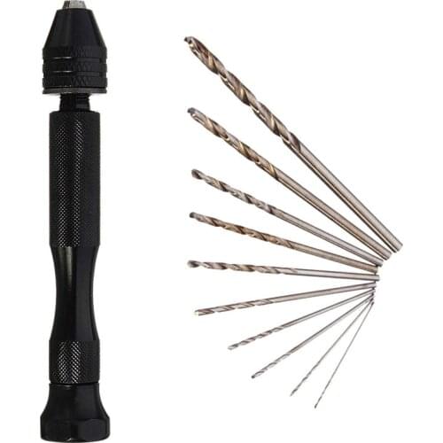 Aluminum Micro Hand Drill with Keyless Chuck+10pcs Twist Drills Rotary Tools