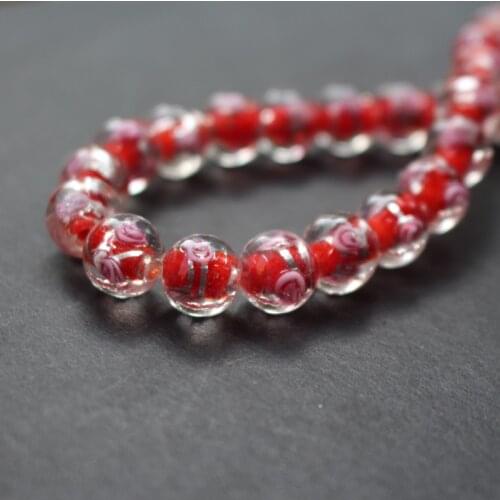 20Pieces/Lot 10mm Lampwork Glass Beads Flower With Silver Color Foil Red Color for jewelry making
