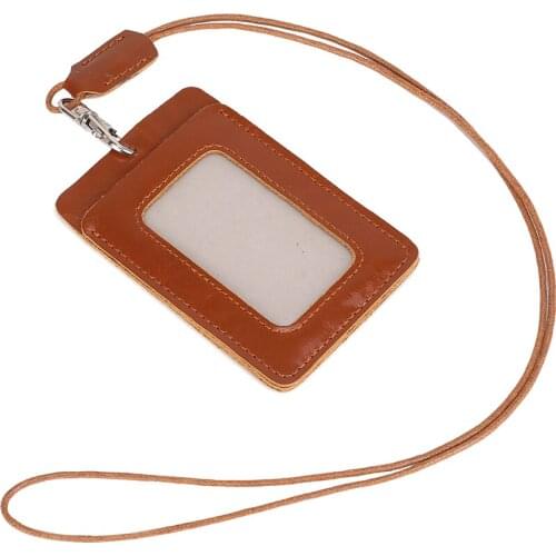 Genuine Leather Id Card Badge Holder with Lanyard RFID Blocking Card Cover for Chest Card Hangtag Work Pass Student Card Holder