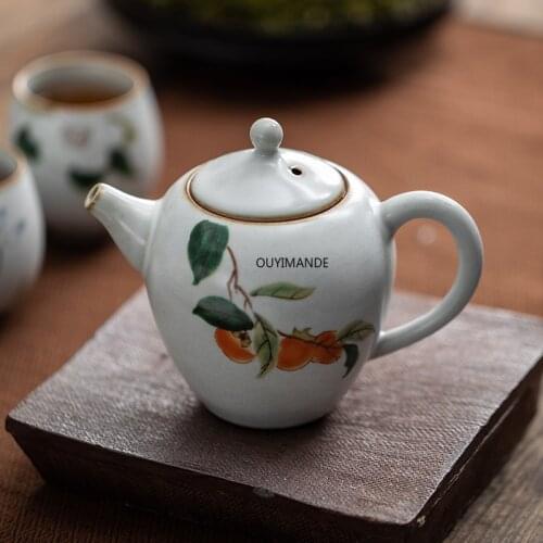 Chinese Style Handmade Ceramic Crackle Teapot 220ml Flower Bird Pattern Tea Set China Ru Kiln Porcelain Ru Kiln Teapot