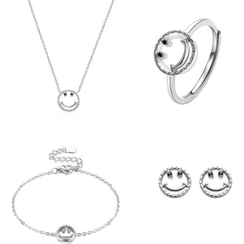 SILVERHOO Zircon Jewelry Set 925 Sterling Silver Smiley Face Ring Earrings Necklace Bracelet Sets For Women New Arrival Gift