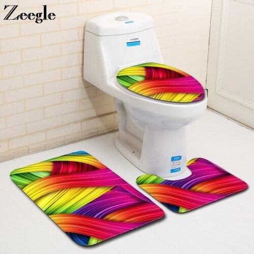 Zeegle Colorful Bath Mat Set 3pcs Bathroom Mat Set Flannel Anti-Slip Bath Floor Rug Carpet Washable Bathroom Toliet Foot Mat