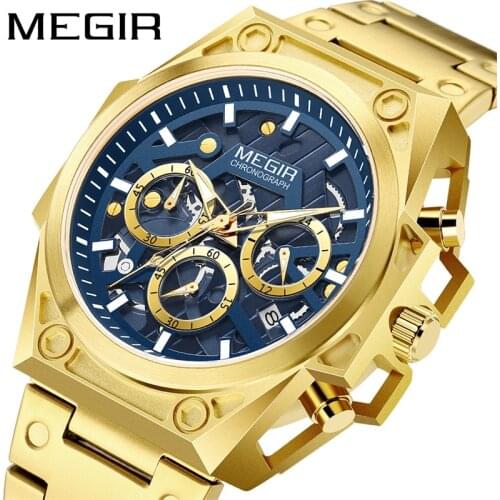 MEGIR Mens Quartz Fashion Casual WristWatches Stainless Steel Case Sports Male Skull Gold Blue New Chronograph Military Clock