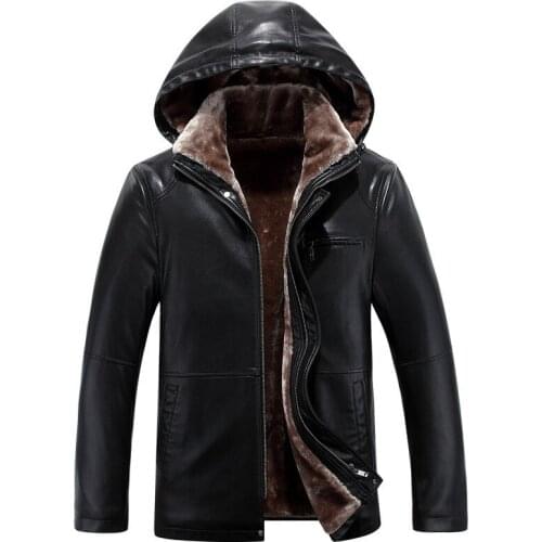 Top Quality Winter Thick Fleece Lining Mens Faux Leather Jacket Slim Fit Hoody Windproof Overcoat Office Man Casual Leather Coat