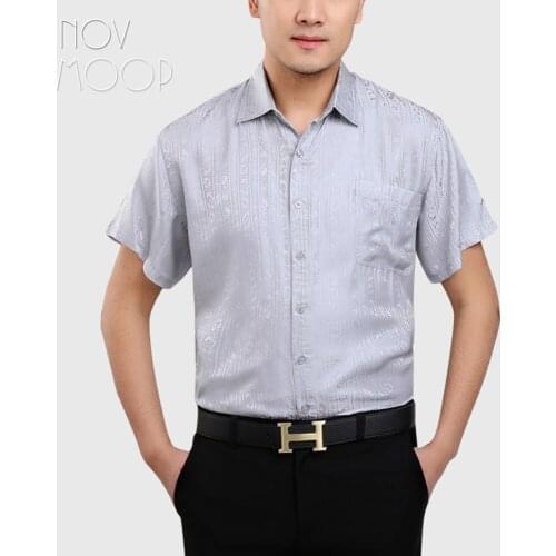 Novmoop men summer grey white dark blue yellow red multi- color 100% natural silk shirt chemise homme camisa masculina LT3158
