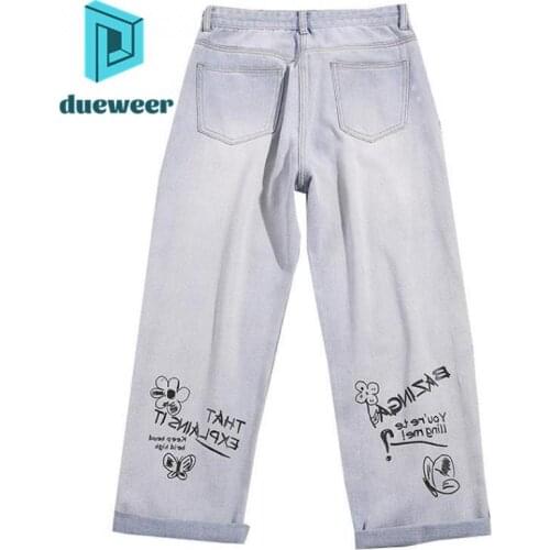 DUEWEER Mens Jeans Graffiti Print Letters Loose Casual Trousers Men Baggy Plus Size Harajuku Straight Leg Denim Pants
