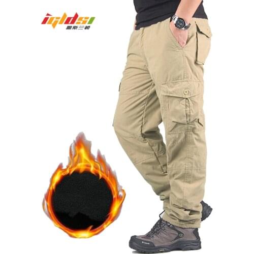 Mens Winter Thicken Fleece Cargo Pants Double Layer Straight Pants Men Casual Cotton Military Tactical Baggy Pant Warm Trousers