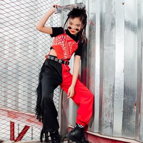 Girls Hip Hop Jazz Dance Stage Outfits Stitching Tassel Pants Street Dance Costumes Set Catwalk Show Performance Suit YS1247