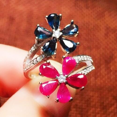 Natural real sapphire ruby flower resizable ring 925 sterling silver 0.3ct*10pcs gemstone Per jewelry Fine jewelry X215127