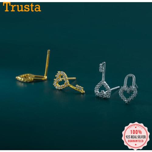 Trustdavis Minimalist 925 Sterling Silver Fashion Asymmetric Sweet Lock Key Zircon For Fashion Women Mothers Day Jewelry H097