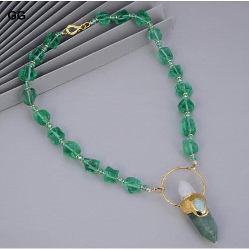 GG Jewelry Natural Green Glass Quartzs Nugget Crystal Necklace Green Muscovite Point White Quartzs Raw Pendant For Women