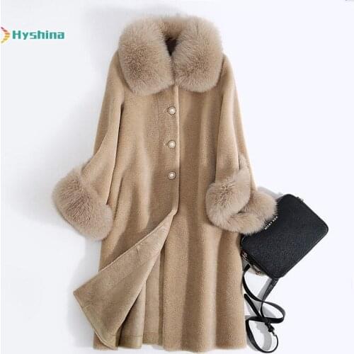 Womens Real Sheep Wool Fur Coat Granule Sheep Shearing Coat Female Middle Long Section Fox Fur Collar Tops and Bloouses Girl